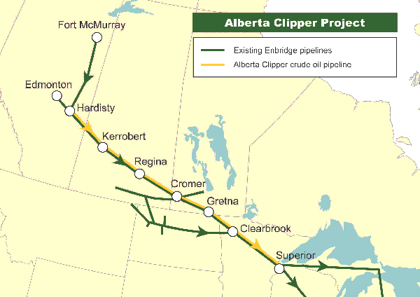 The Alberta Clipper is an already-existing pipeline with a 450,000 bbl a day capacity. In November 2012 Enbridge applied for the permit to ramp up capacity to 800,000 bbl for the pipeline which runs from Alberta to Wisconsin to Oklahoma to the Gulf Coast where the oil will be refined and exported.