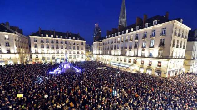 People gather at the Place Royale in Nantes, France, on Jan. 7 to show solidarity with the victims of the attack on the offices of the satirical weekly Charlie Hebdo. Georges Gobet / AFP/Getty Images