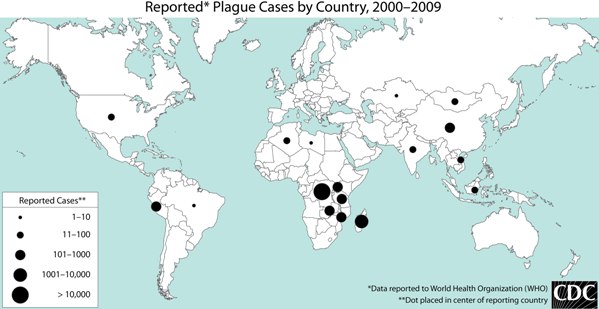 Distribution of plague cases, worldwide.  Data from WHO.