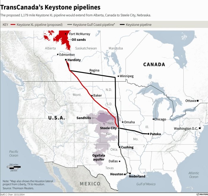 Map showing the proposed route of TransCanada's Keystone pipelines Via Business Insider