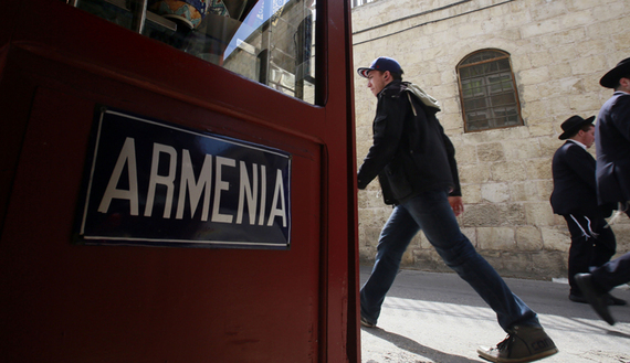 Tourists and Israelis walk past a ceramics shop that specializes in making traditional hand-painted Armenian pottery at the Armenian Quarter in Jerusalem's Old City, April 17, 2015. (photo by GALI TIBBON/AFP/Getty Images) Read more: http://www.al-monitor.com/pulse/originals/2015/04/israel-armenian-genocide-ajerbaijan-world-war-i-delegation.html#ixzz3YCCGqcuG 
