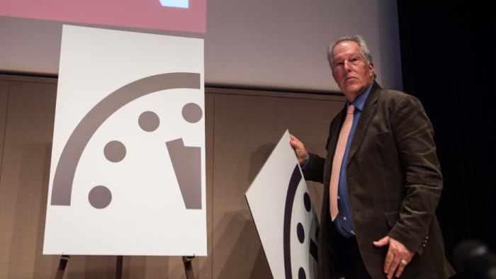 Scientists set the minute hand of the Doomsday Clock at three minutes to midnight.(Nicholas Kamm/AFP/Getty Images)